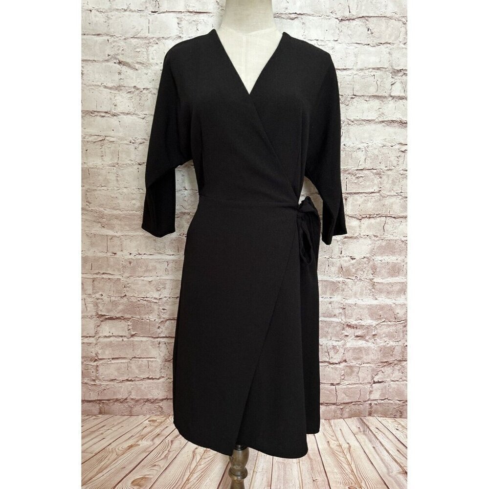 TOPSHOP Wrap Dress US 4 Black LBD Knee Length Pockets Crepe Stretch NEW